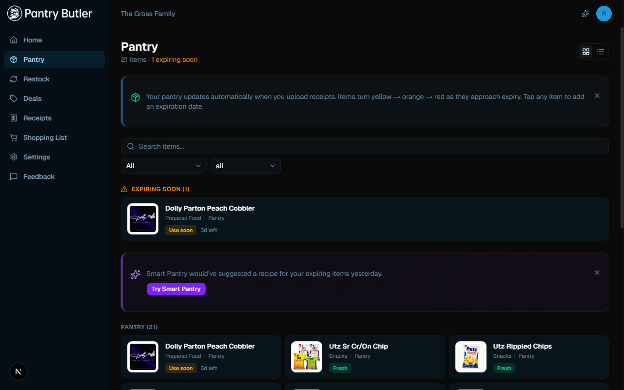 Pantry Butler — Your pantry with product images, expiry tracking, and status badges